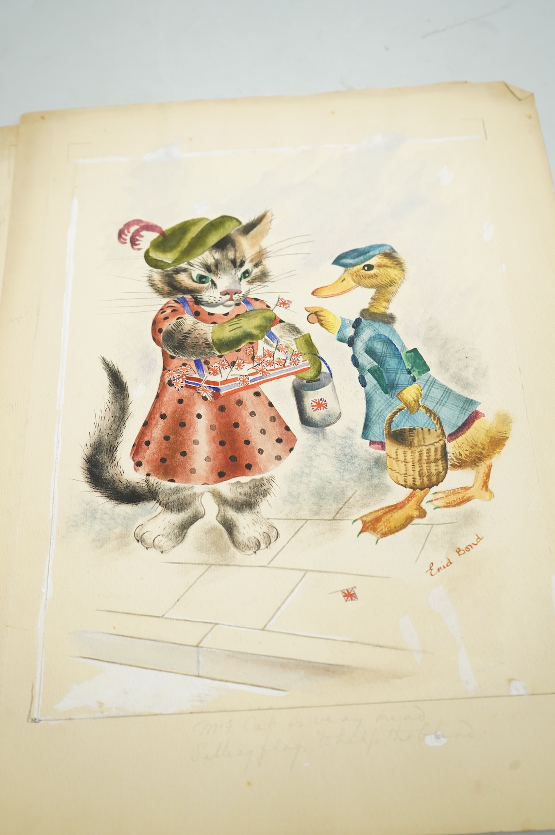 Enid Bond (20th. C), Set of six original watercolours for postcard designs, Humorous animals to include: cats, squirrels and badgers, each signed and inscribed in pencil, unframed, 36 x 27cm